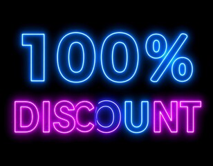 Illuminated text, announcing a full percentage discount in neon blue and purple colors on a stark black background