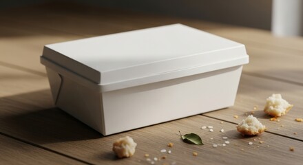 A white takeout box sits on a wooden table with scattered food particles and a leaf.