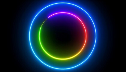 Illuminated vibrant rings, one inside another, radiate rainbow colors against a black backdrop, producing a visual illusion
