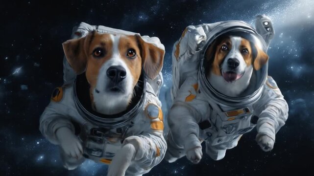 Two brave dogs in space suits float amid stars, noses alert, paws reaching for wonder. Starry orbit
