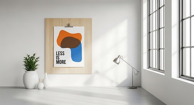 Modern minimalist interior design featuring abstract art poster with inspirational quote 'Less is More' and contemporary furniture