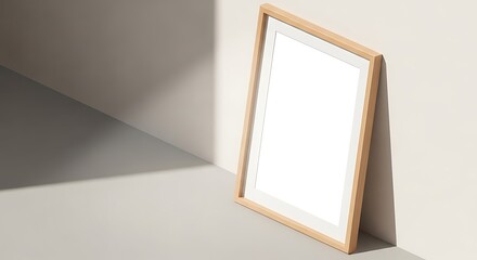 Empty wooden frame leaning against a wall, casting a soft shadow, perfect for displaying artwork or photographs