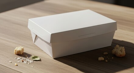 A white takeout box sits on a wooden table with crumbs and seeds scattered around it.