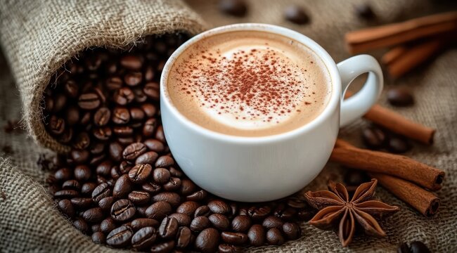 White cup of frothy coffee sprinkled with cinnamon powder surrounded by coffee beans spilling from a burlap sack with cinnamon sticks and star anise on burlap fabric - Powered by Adobe