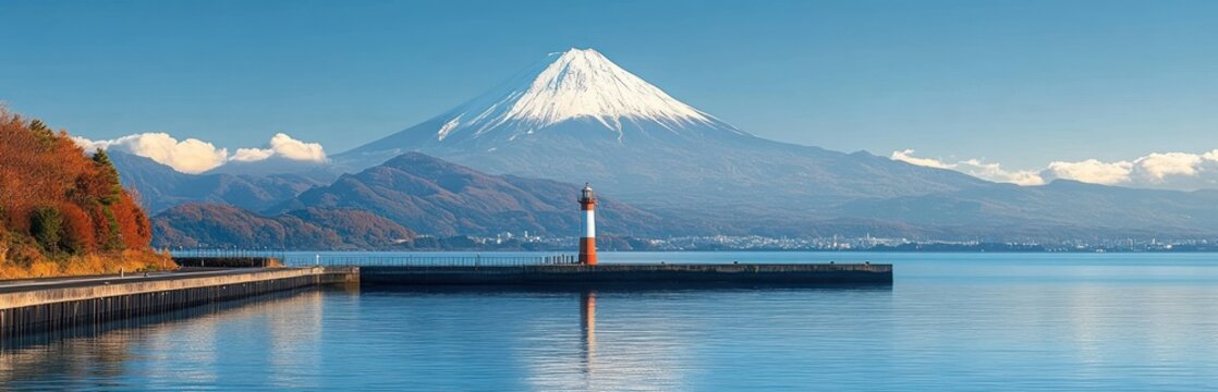 Serene lake with calm water reflecting a red and white lighthouse on a pier and autumn trees with a snow-capped mountain towering in the background under a clear blue sky - Powered by Adobe