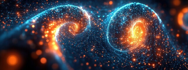 Abstract digital representation of glowing particles and swirling energy patterns connected by a luminous blue network, evoking dynamic movement and futuristic technology