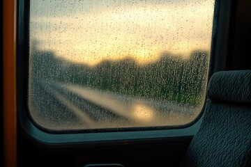 Raindrops covering a train window with blurred tracks and green landscape outside at sunset beside a comfortable empty seat