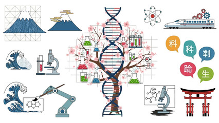 Modern graphic of Japanese science advancements with Mount Fuji, DNA, waves, and technology for educational materials and presentations about innovation