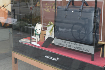 Naklejka premium holiday display in windows of Montblanc Boutique, a fashion accessories store, located at 151 Bloor St W, Toronto