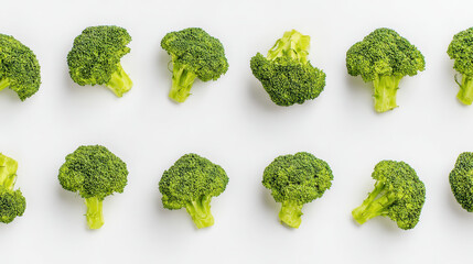 Broccoli florets arranged in neat rows on white background, showcasing fresh green vegetable texture and vibrant color