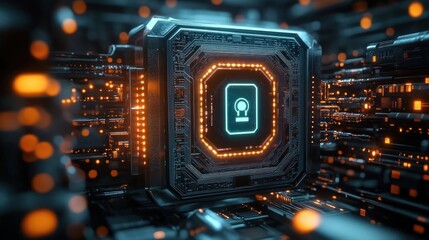 Futuristic glowing digital lock interface embedded in a complex circuit board with vibrant orange and blue lights symbolizing cybersecurity and data protection