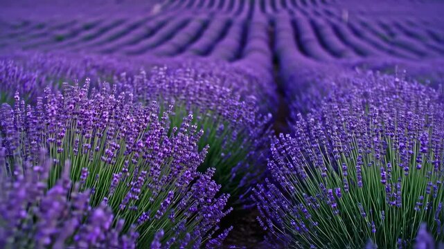 Close-up of a vibrant lavender field.  Rows of purple lavender blossoms fill the image, with a focus on the detailed floral clusters and green stems