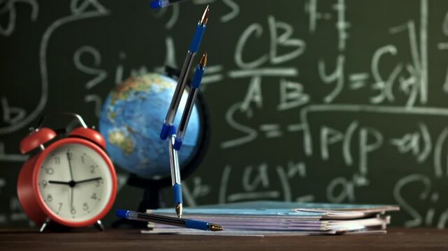 Pens fall on the school desk. Filmed on a high-speed camera at 1000 fps. High quality FullHD footage