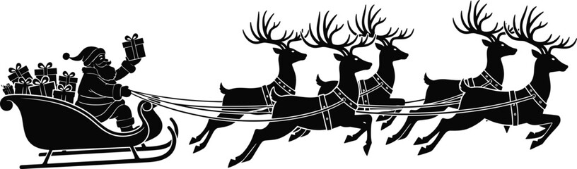 Black silhouette of Santa Claus in a sleigh pulled by four reindeer Christmas gifts