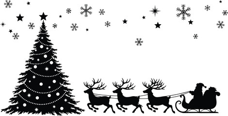 Black silhouette of Santa Claus in sleigh pulled by reindeer next to decorated Christmas tree and snowflakes © MdShidul