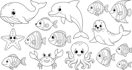 Cute cartoon ocean animals whale dolphin seal octopus crab starfish fish vector