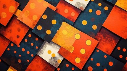 Close-up of overlapping rectangles in warm colors with circular patterns resembling domino tiles arranged haphazardly creating an abstract and dynamic composition