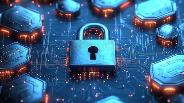 Close-up of a metallic padlock placed on a glowing circuit board symbolizing digital security and data protection - Powered by Adobe