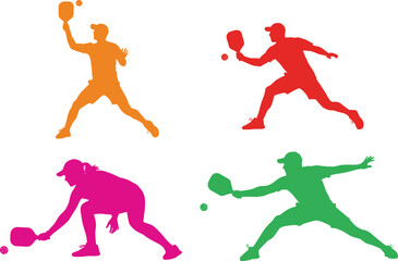 Four colorful silhouettes of people playing pickleball on white background sport game