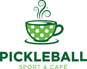 Green polka dot coffee cup with steam and pickleball sport cafe text white polka dots hot drink