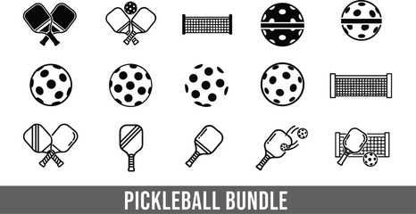 Pickleball paddles balls and net icons in black and white line art sport game © MdShidul