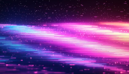 Abstract digital landscape with vibrant neon streaks of pink, purple, blue, and orange light creating a dynamic futuristic flow under a starry sky