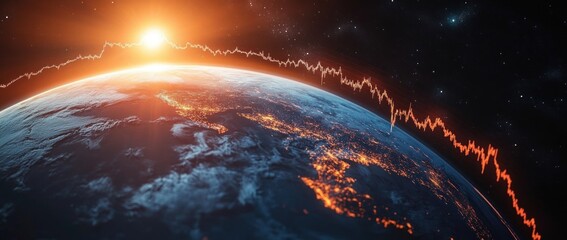 View of the Earth from space with the sun rising over the horizon and a fluctuating red data line overlaid, showing illuminated city lights on the planet's surface