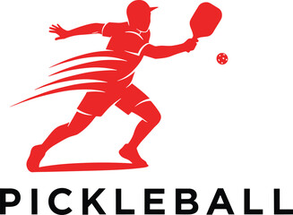 Red silhouette of pickleball player hitting ball with motion lines and text sport game