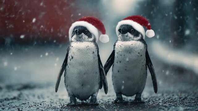 Two penguins in festive Santa hats stand close on frosty ground as snow swirls in blue night softly