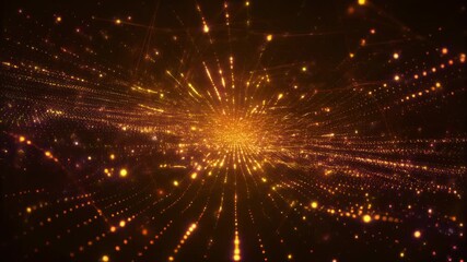 A radiant burst of golden and purple particles swirling into a dynamic vortex, creating an energetic sci-fi atmosphere ideal for tech, celebration, or digital motion backgrounds. - Powered by Adobe