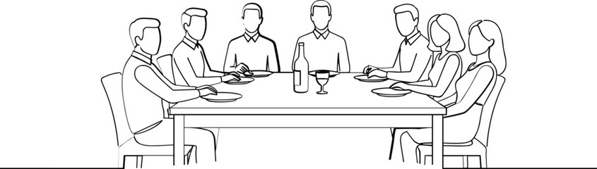 Seven people seated around a table with plates and a wine bottle group dining