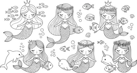 Six cute cartoon mermaids with fish dolphin and narwhal line art vector © MdShidul
