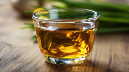 Glass cup filled with golden liquid on wooden surface with blurred green herbs in background, warm and inviting close up image