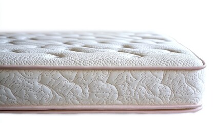 Naklejka premium Close-up of a thick mattress with quilted fabric and detailed stitching on a white background, showcasing softness and comfort