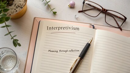 Notebook with open pages showcasing interpretivism concept and reflecting meaning through thoughtful writing and observation