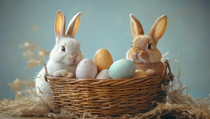 Two adorable rabbits sitting in a wicker basket surrounded by colorful speckled eggs with a soft blue background and dried grass accents