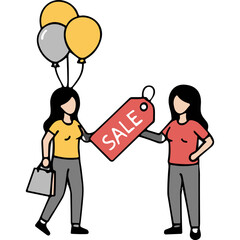 Naklejka premium Two Women Exchange a Red SALE Tag While Balloons Float Above Representing Celebration and Shopping Opportunities