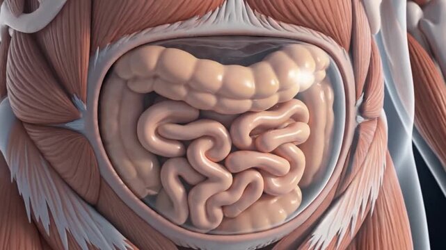 Detailed 3D Animation of Human Abdominal Muscles and Intestines.