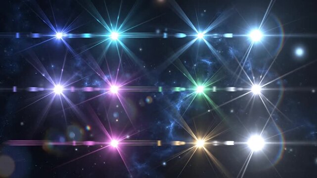Cool Color Lens Flare Grid on Midnight Blue. Arctic Blue Cyan Lavender Magenta Starburst. Abstract Digital High Contrast.