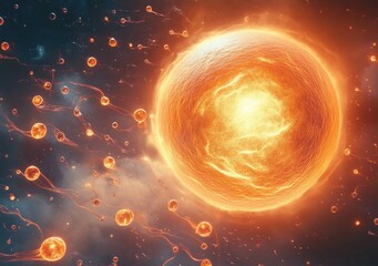 Glowing orange spherical particles with trailing tails moving toward a large bright fiery orb in a cosmic space environment