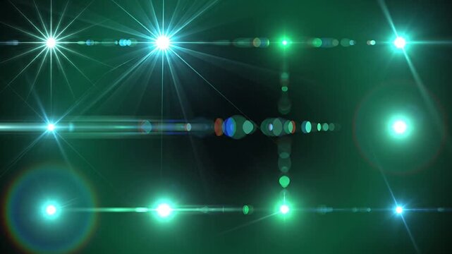 Twelve Cyan Emerald Lens Flares Grid on Green. 3x4 Starburst Mystical Bioluminescent Collection. Deep Sea Light Phenomena.