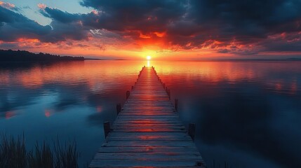 wooden pier extending into calm lake at sunset with dramatic clouds and vibrant orange and blue sky reflections