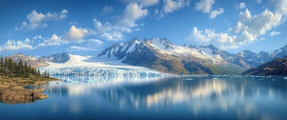 Serene icy glacier flow into calm reflective lake surrounded by rugged snow-capped mountains and partly cloudy blue sky