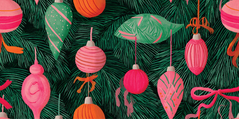 Bold, retro Christmas seamless pattern of painted ornaments and ribbon on dark pine branches for wrapping paper and fabrics.
