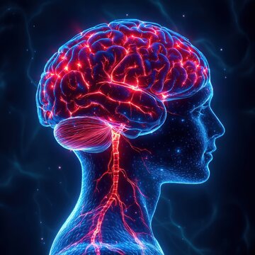 3D illustration of a human head profile with a glowing digital brain and nervous system in vibrant red and blue neural pathways