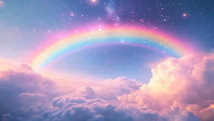 Fototapeta premium A vibrant rainbow arches across a dreamy sky filled with soft, fluffy clouds and twinkling stars, evoking a magical and serene atmosphere