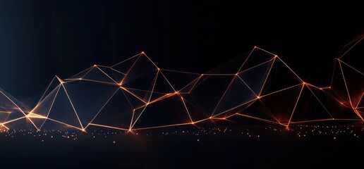 Abstract digital network of glowing orange lines and nodes creating geometric polygonal shapes on a dark background, conveying a futuristic and technological atmosphere