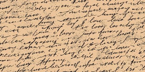 Fototapeta na wymiar Vintage sepia seamless pattern of elegant cursive handwriting and antique letter texture for design, paper goods, and book covers.