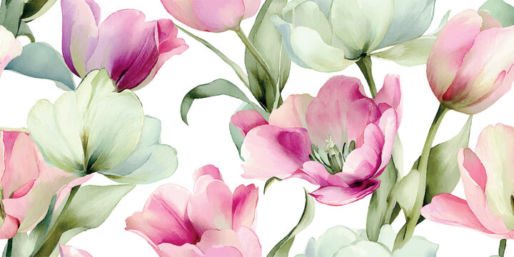 Watercolor floral pattern with lush pink and white spring tulips for textiles, fabrics, wedding stationery, and home decor.