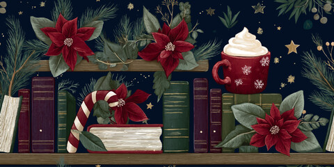 Christmas vector pattern featuring festive poinsettias, hot cocoa, and candy canes on a cozy holiday bookshelf for wrapping paper and textiles. © Eli Berr